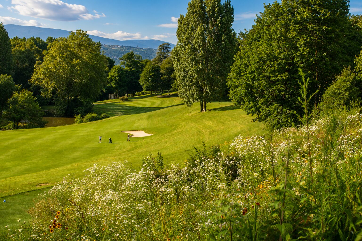 Vue depuis le départ du trou numéro 18 du Domaine Golf d'Albon